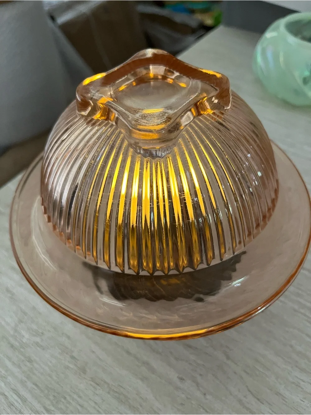Vintage Pink Depression Glass Ribbed Bowl & Plate Fairy Lamp